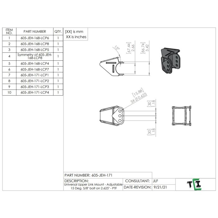 Universal Upper Link Mount - Adjustable 15 Deg. 5/8" bolt on 2.625" - PTF
